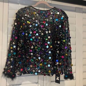 Colorful Sequin Black Top with Feather Cuffs